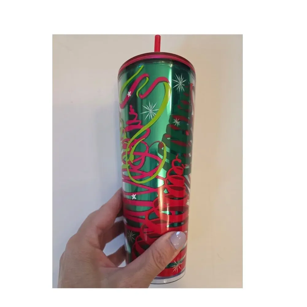 Starbucks Holiday 2023 Ribbon Trees Venti Cold Tumbler in Emerald Green Red Lid